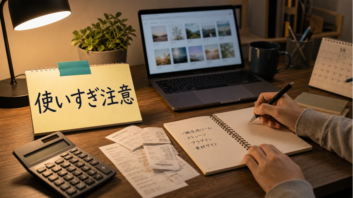 ストックフォト副業の開始前にサブスク費用を使いすぎないよう確認する様子