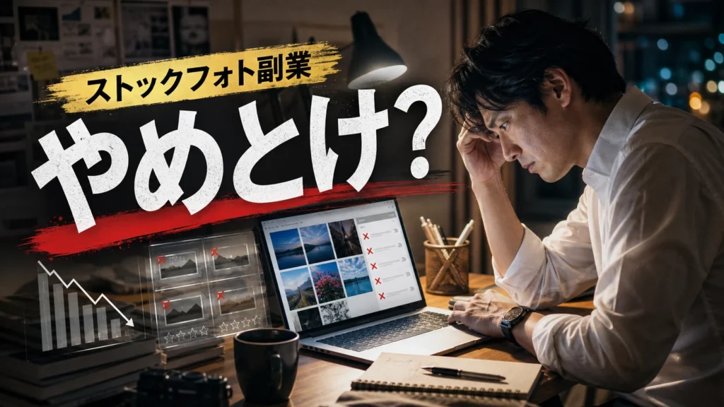 ストックフォト副業はやめとけと言われる理由を会社員が夜のデスクで確認するイメージ