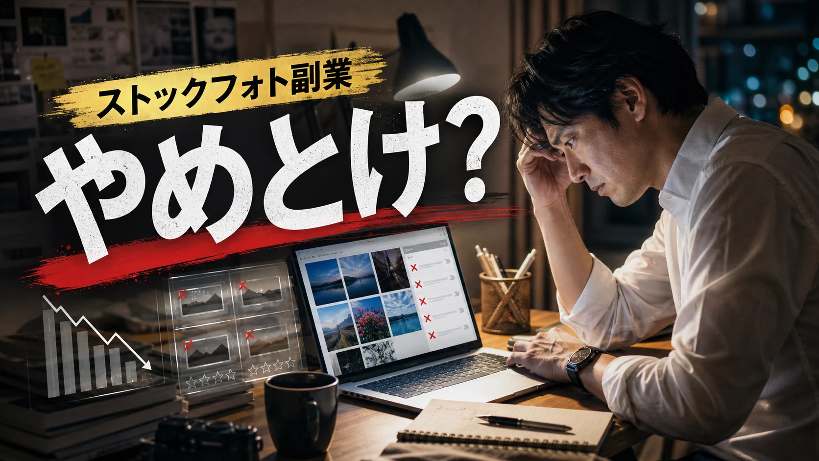 ストックフォト副業はやめとけと言われる理由を会社員が夜のデスクで確認するイメージ
