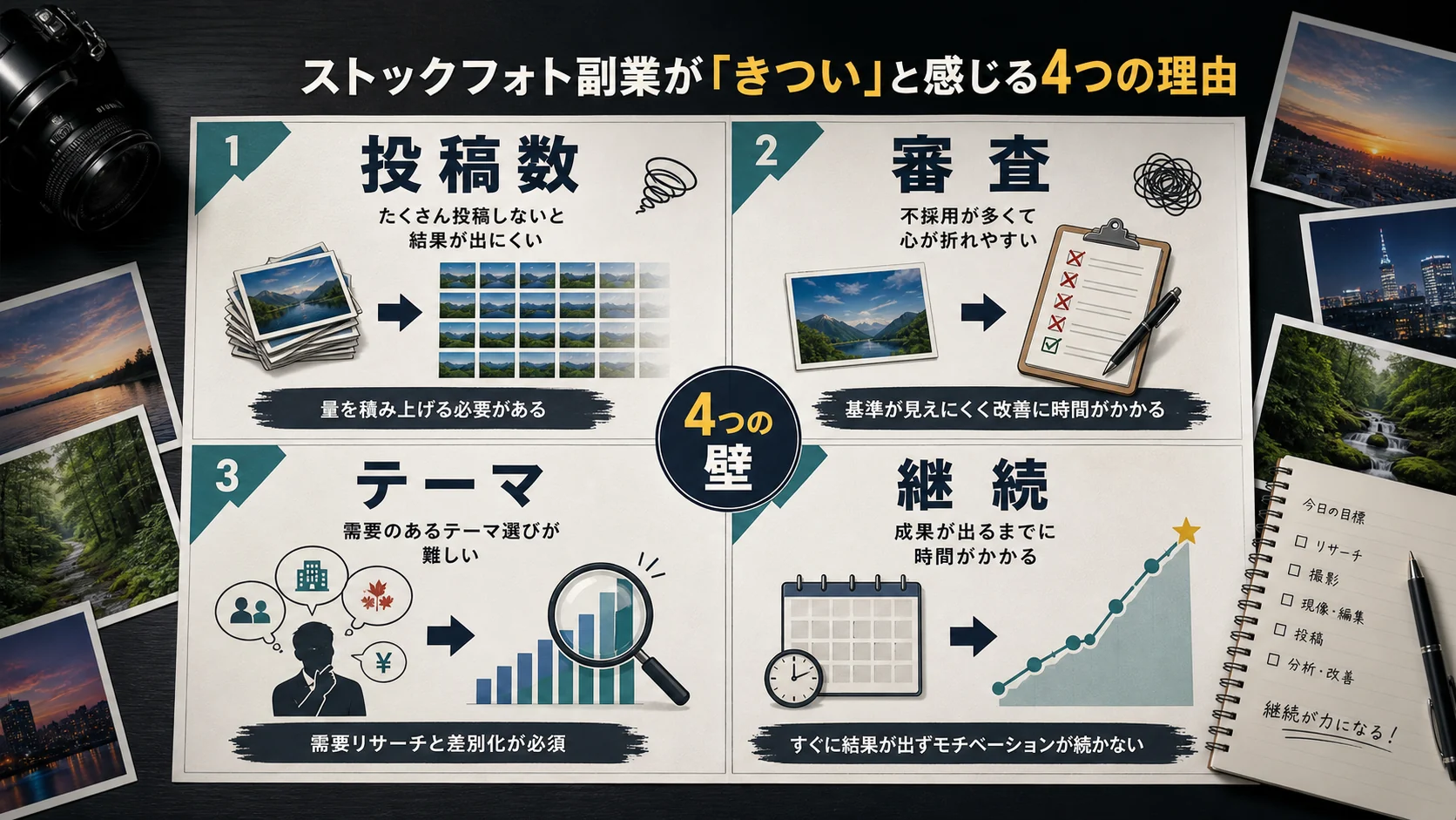 ストックフォト副業がきつい理由を投稿数と審査とテーマと継続で整理した図解