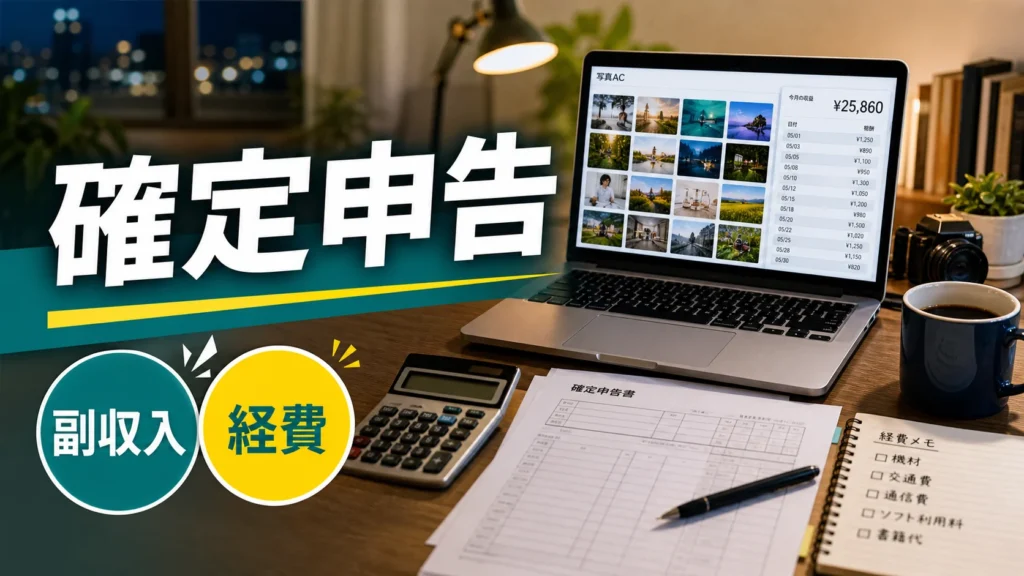 ストックフォト副業の確定申告を売上と経費で整理する会社員の作業机