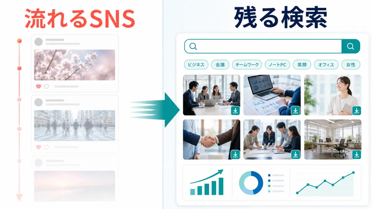 流れるSNSと残る検索でストックフォト販売の見つかり方を比較する図解