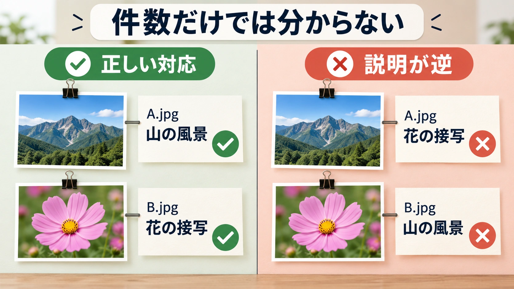 同じ2画像2行でも正誤が違うことを作品と説明の組で比較できる