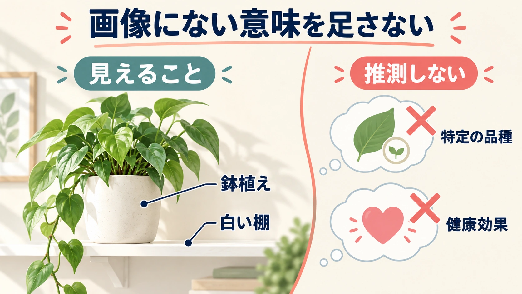 同じ鉢植えに対する観察できる説明と根拠のない属性を左右で比較する図
