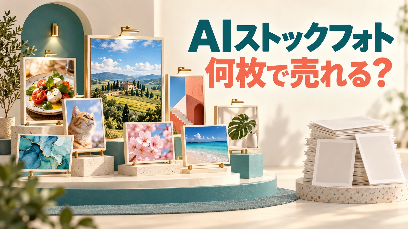 AIストックフォトの何枚で売れるという疑問を、用途の違う小さな作品ギャラリーで表した表紙
