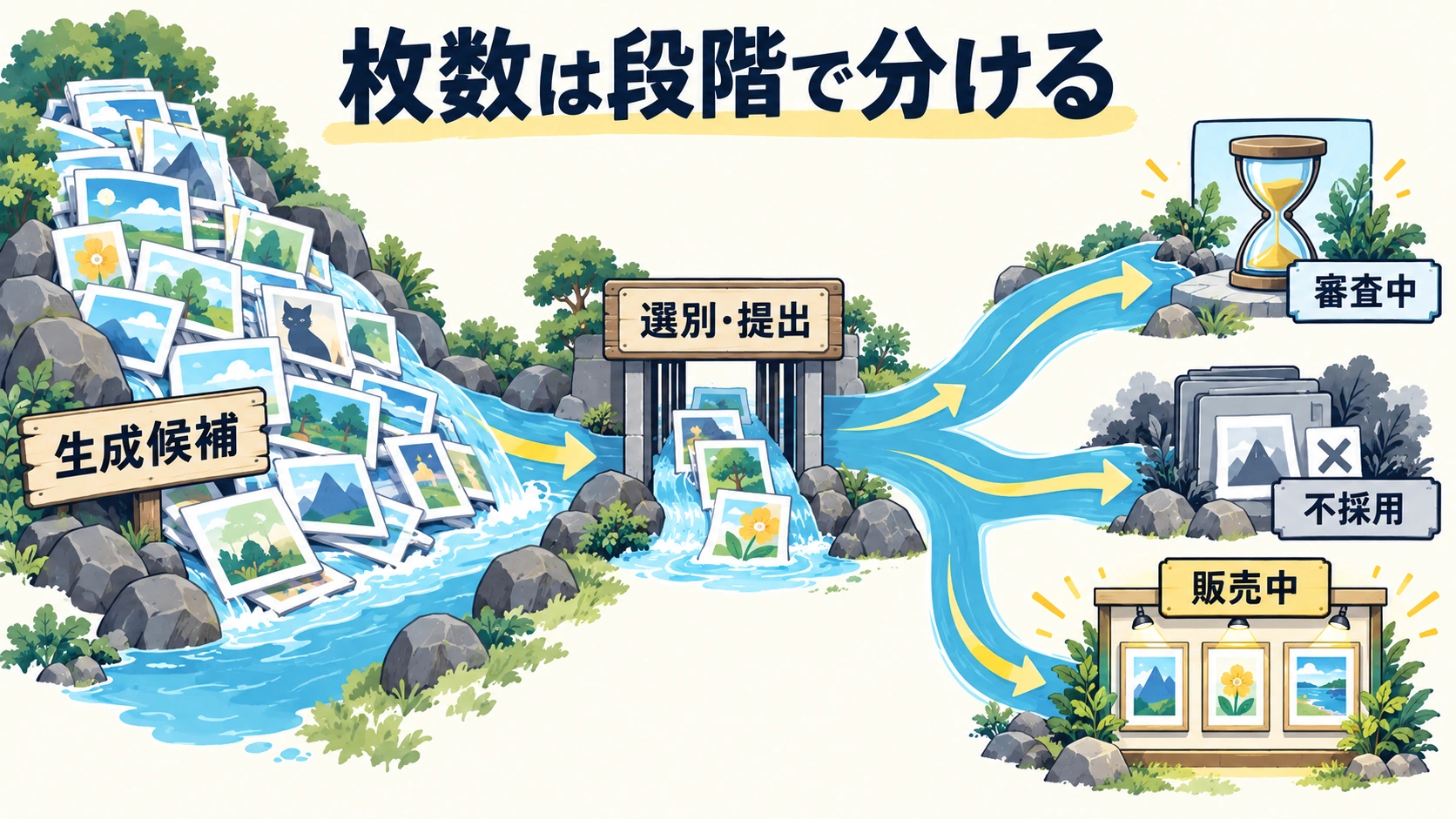 生成候補から選別と提出を経て審査中・不採用・販売中に分かれる枚数の構造