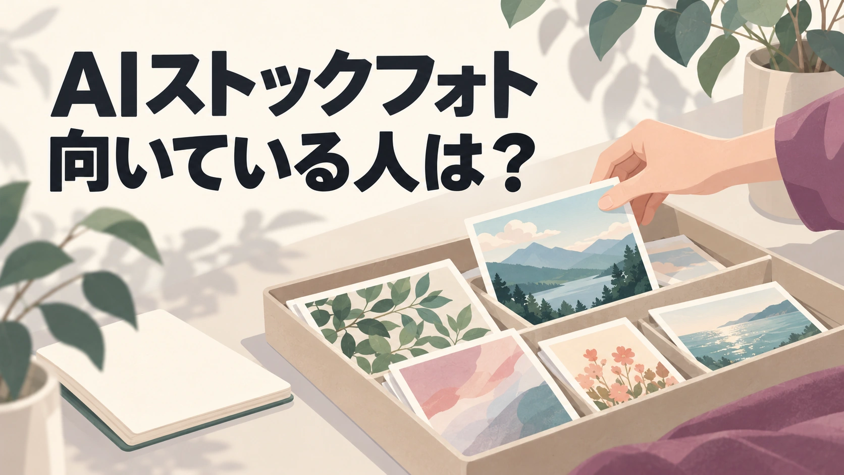 素材画像を仕分けるトレーと手で表すAIストックフォトの適性