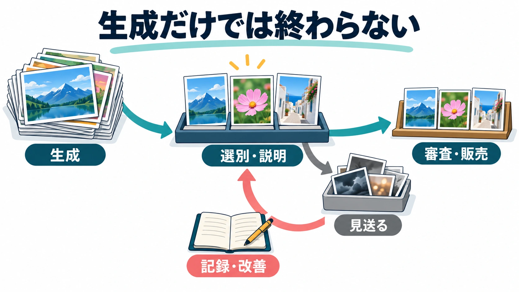 生成候補の一部を見送り、選別と説明から審査と販売へ進み、記録を改善へ戻す模式図
