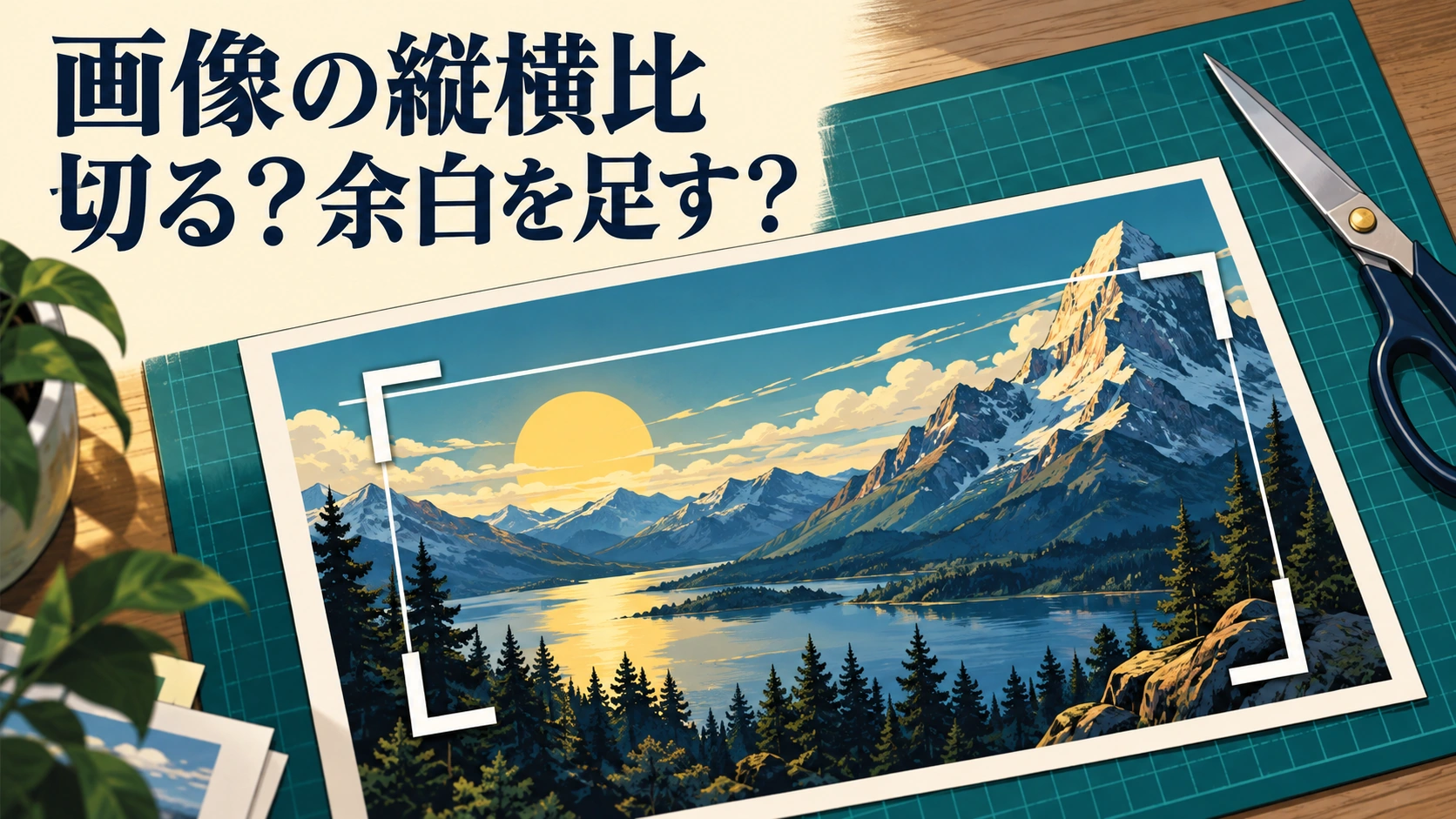 風景プリントの山頂と切り抜き枠を大きく見せ、端を切るか余白を足すかを考える記事の表紙