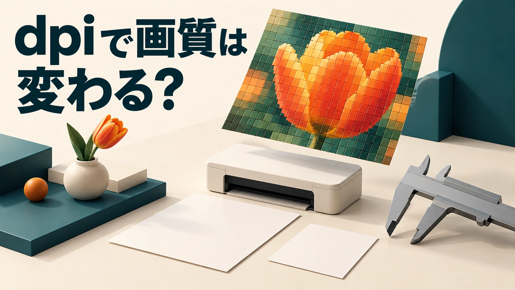 モザイク状の花の画像とプリンター、紙、寸法を測る道具で画像密度と印刷の関係を表す表紙