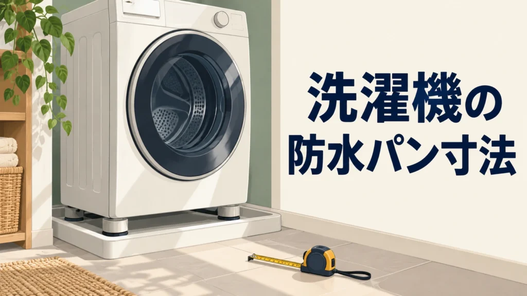 防水パンに載る洗濯機と採寸用メジャーを描いた記事表紙