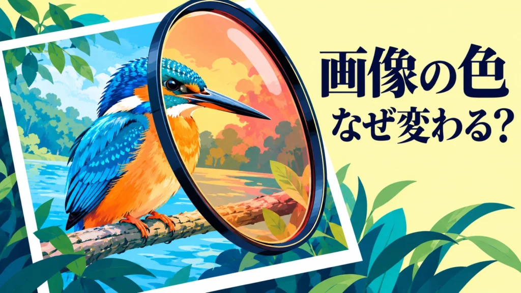 カワセミの絵と色付きレンズの比喩で、画像の色の解釈を確かめる記事を識別する表紙