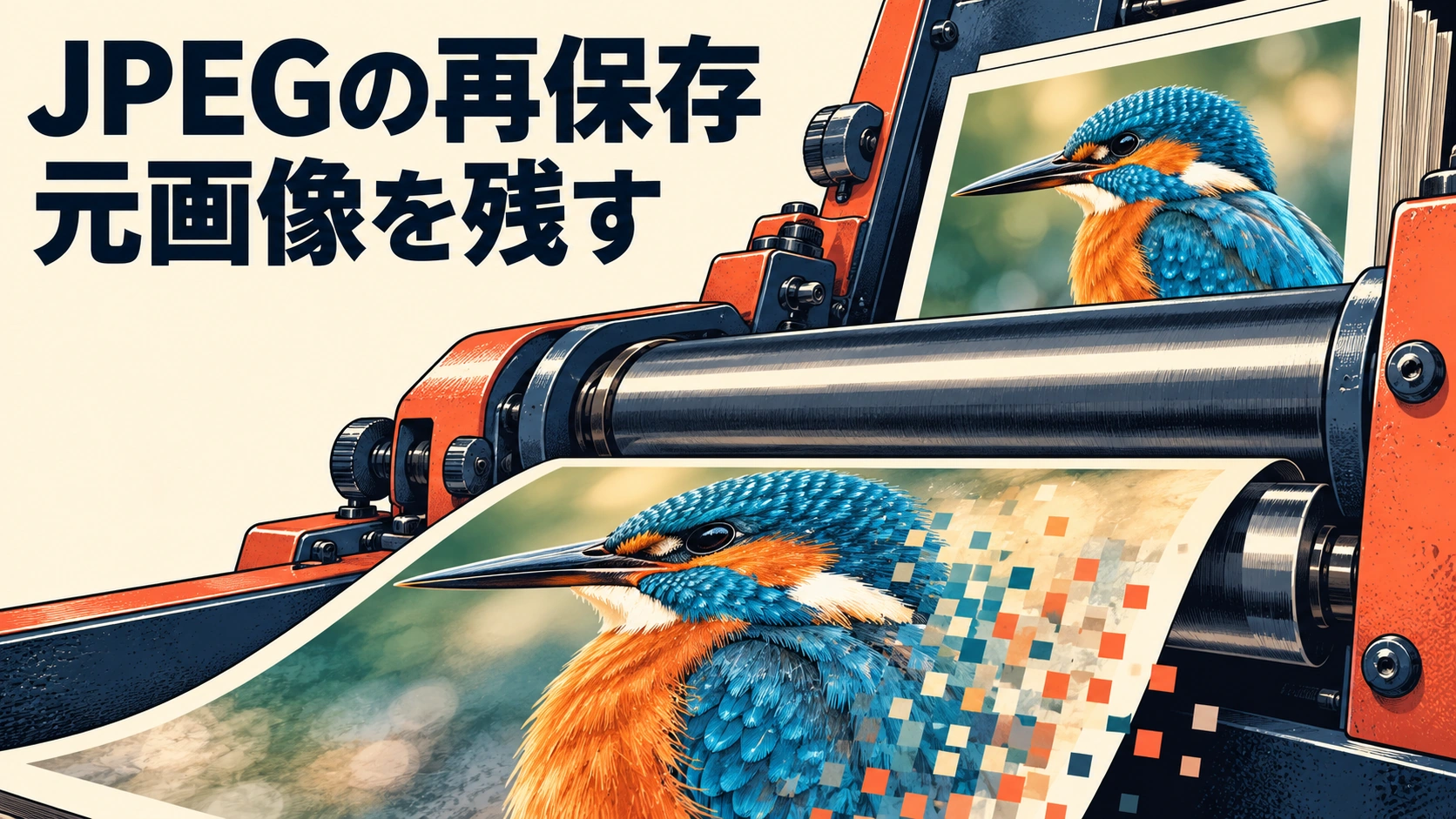 カワセミの画像をプレスへ通す比喩でJPEG再保存と元画像の保持を示す表紙