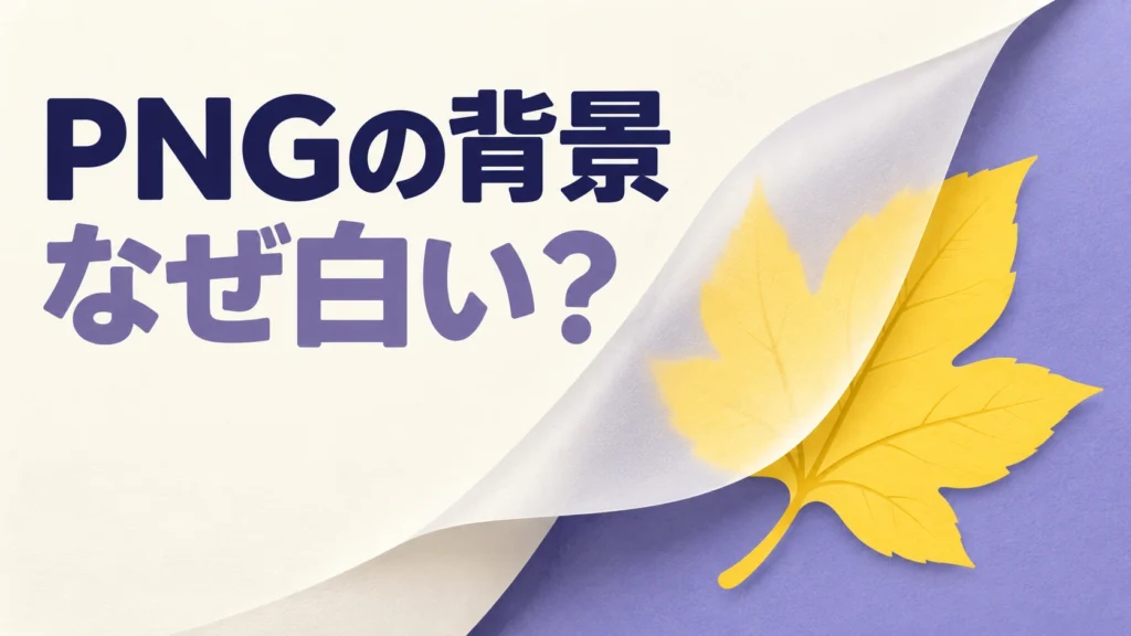 黄色い葉と白い台紙をめくる場面で、PNGの白い背景と透過を確かめる記事の主題を表す表紙