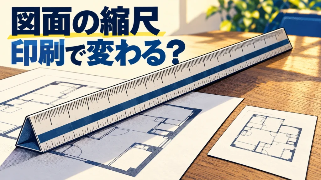 大きな三角スケールと大小の間取り図で、印刷後の縮尺を確認する主題を伝える表紙