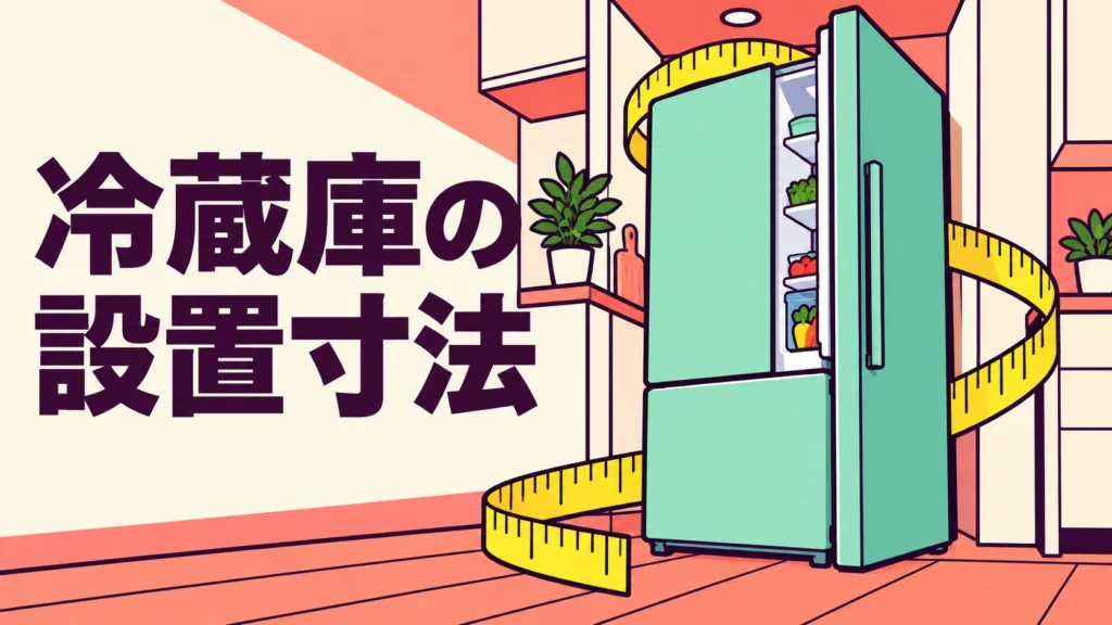 扉を開いた冷蔵庫と外形を取り巻くメジャーで、本体幅の外にも確認する空間があると伝える表紙