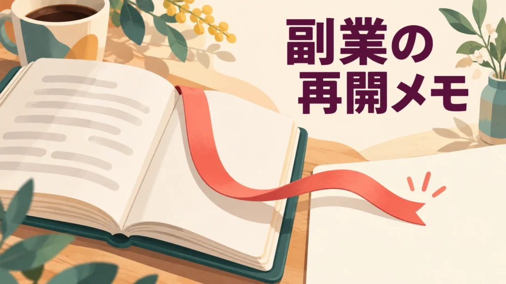 開いたノートの中断地点へ大きなしおりを挟み、次のページへ道が続くイラスト