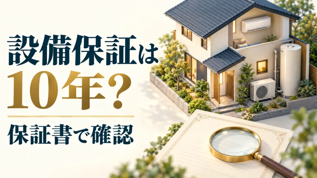 給湯設備とエアコンを備えた住宅模型と保証書、設備保証は10年かを確認する表紙