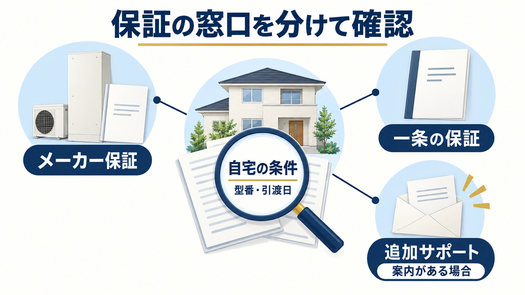 メーカー保証と一条工務店の保証と追加サポートを別の書類として確認する関係図