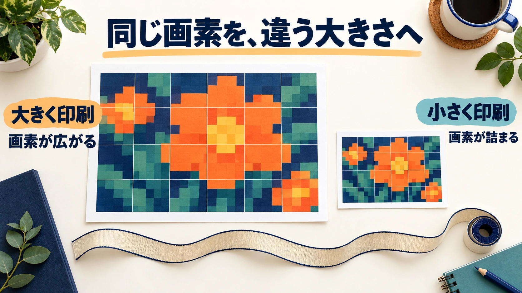 同じ花の格子画像を大小の紙面に配置し、大きく印刷すると画素が広がり小さく印刷すると詰まる関係を示す模式図