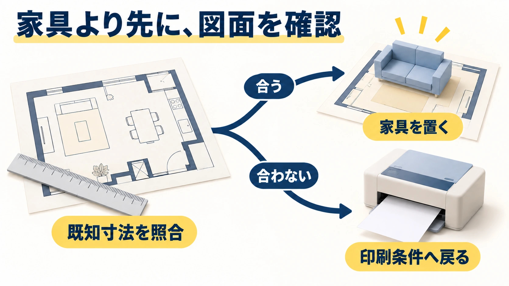 寸法が分かる区間を照合し、合う場合は家具へ進み、合わない場合は印刷条件へ戻る判断を示す分岐模式図
