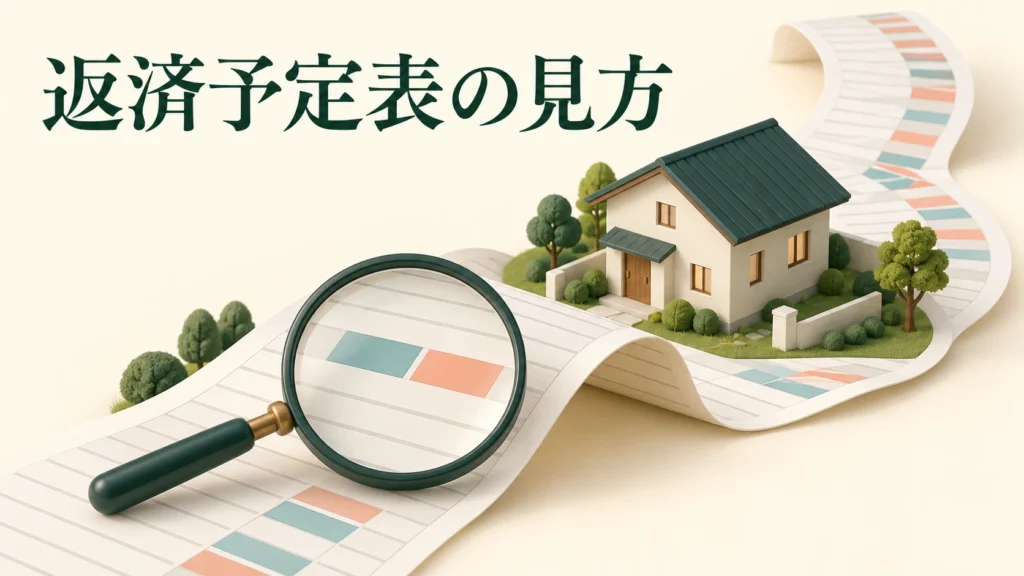 住宅の周りを続く返済予定表と拡大鏡で、表の内訳を読む記事の主題を示す