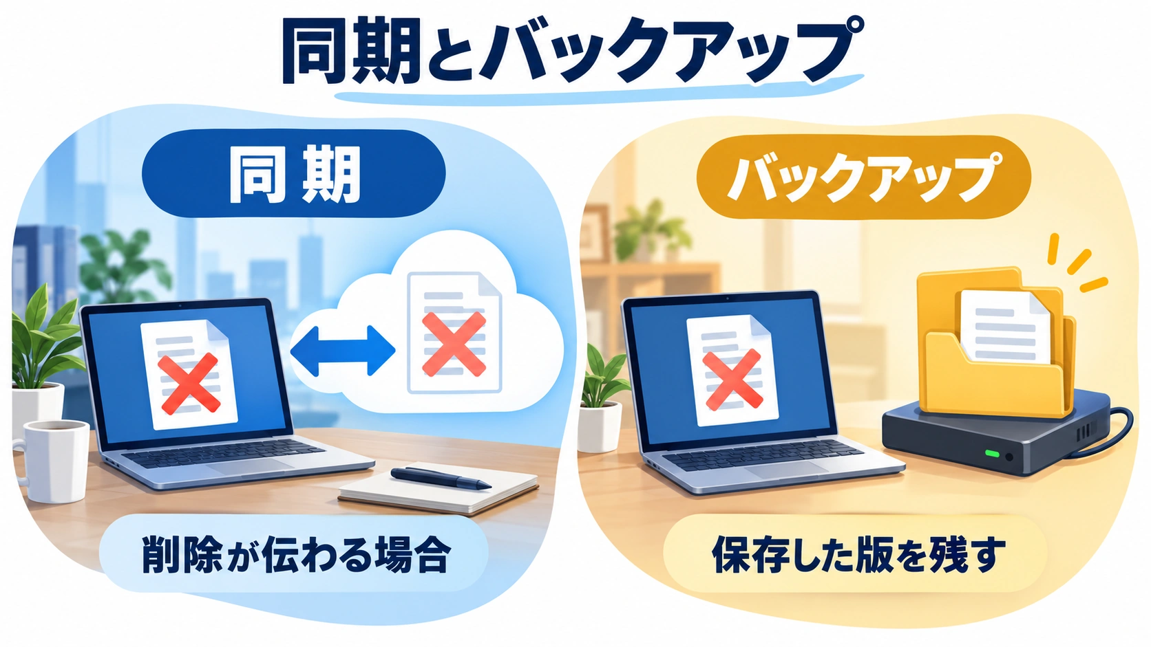 削除の伝播と独立した過去版の保持を別場面で比較できる