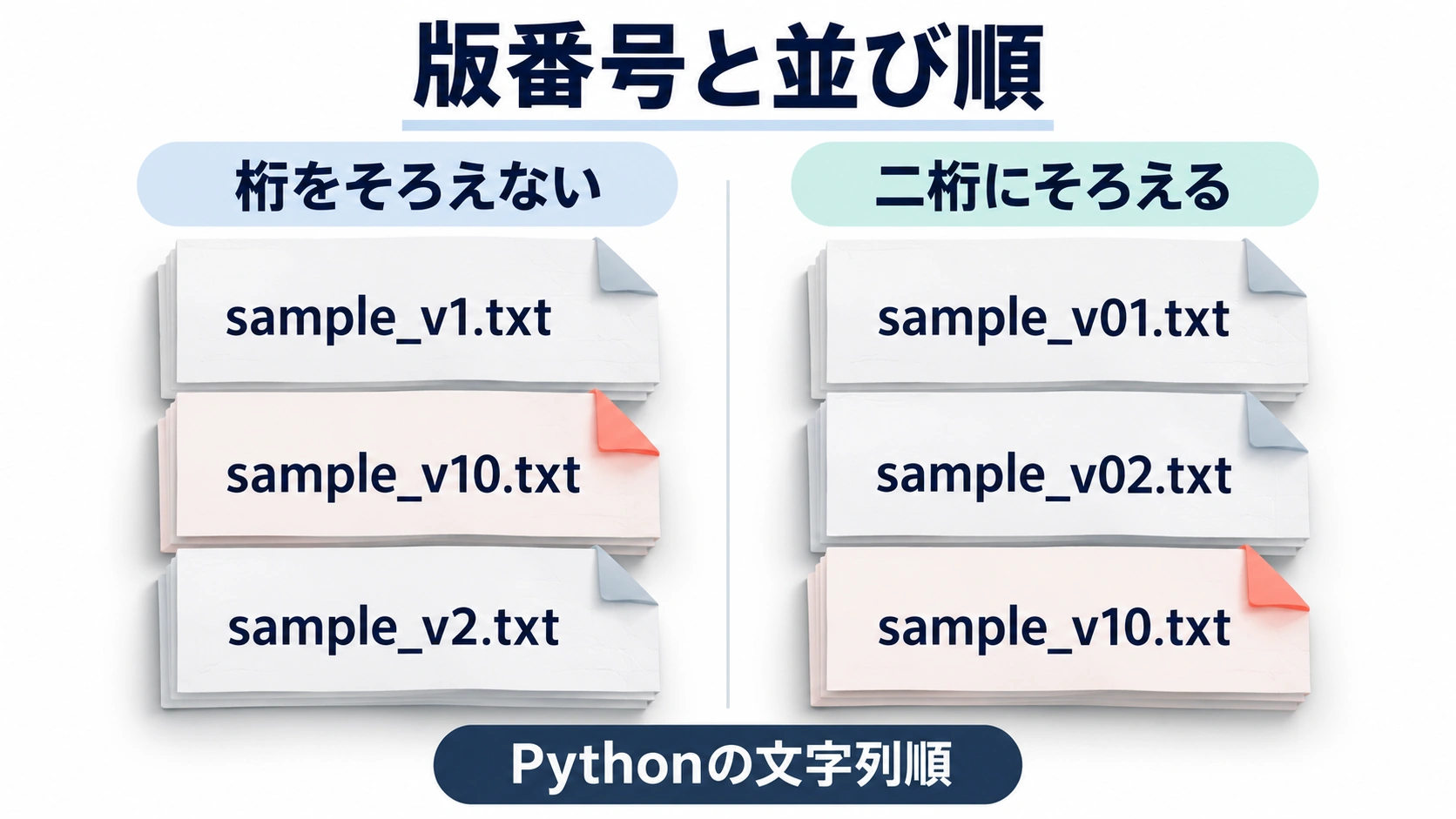 Python文字列順の左右差を同じ高さのファイル列で比較し、v10の位置変化を見分けられる