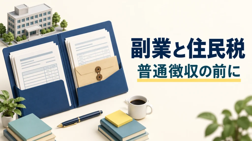 二つの書類と封筒を整理する副業と住民税の表紙
