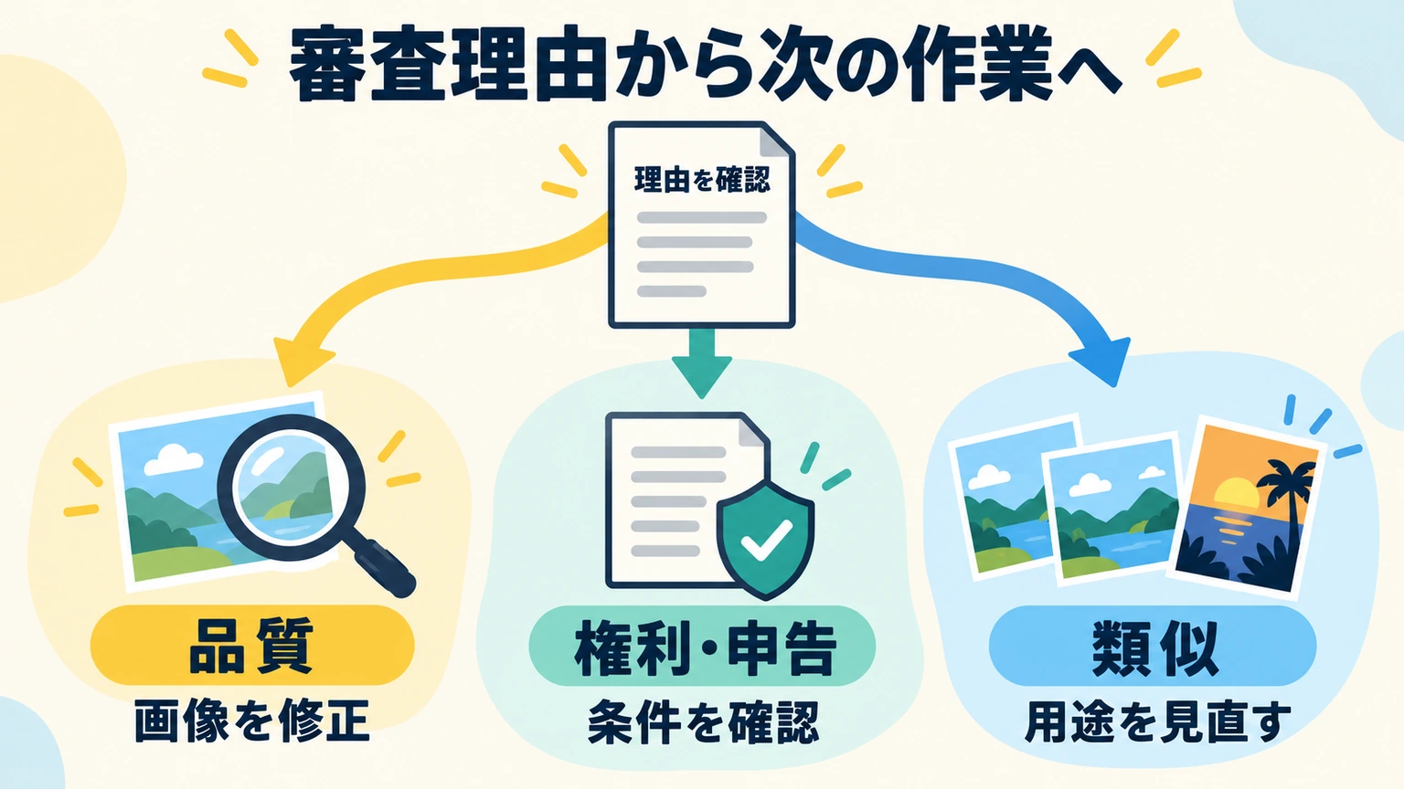 審査の品質問題と権利問題と類似問題を別の対応へ分ける判断図
